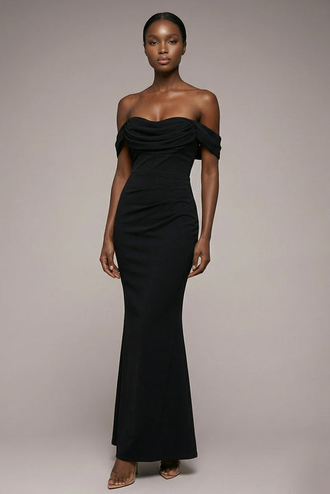 Goddiva Chiffon Off The Shoulder Cowl Neck Maxi Dress - Black
