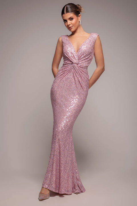 Goddiva Twisted Front Sequin Maxi Dress - Blush