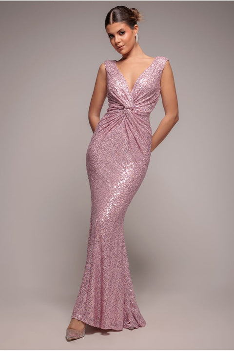 Goddiva Twisted Front Sequin Maxi Dress - Blush