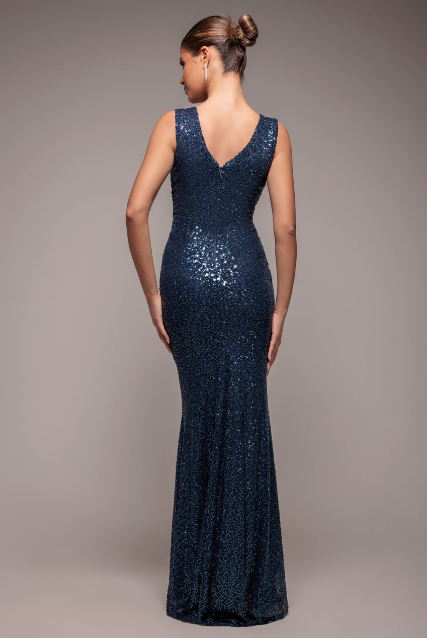 Goddiva Twisted Front Sequin Maxi Dress - Navy