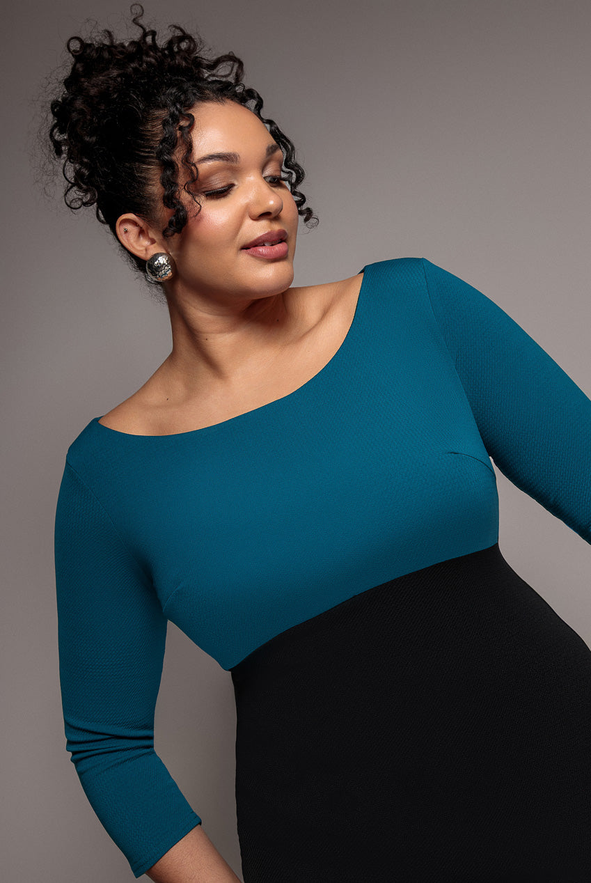 Goddiva Plus Color Block Ponti Midi Dress - Teal Blue