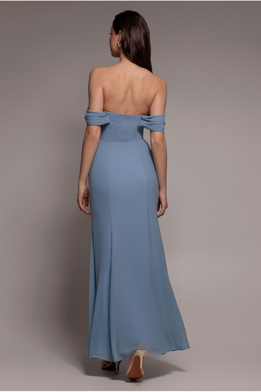 Goddiva Chiffon Bardot Cowl Neck Maxi Dress - Duskyblue