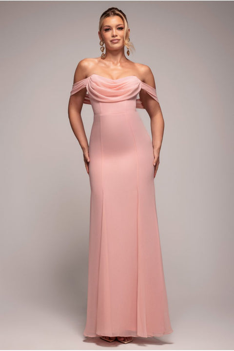 Goddiva Chiffon Bardot Cowl Neck Maxi Dress - Blush Pink