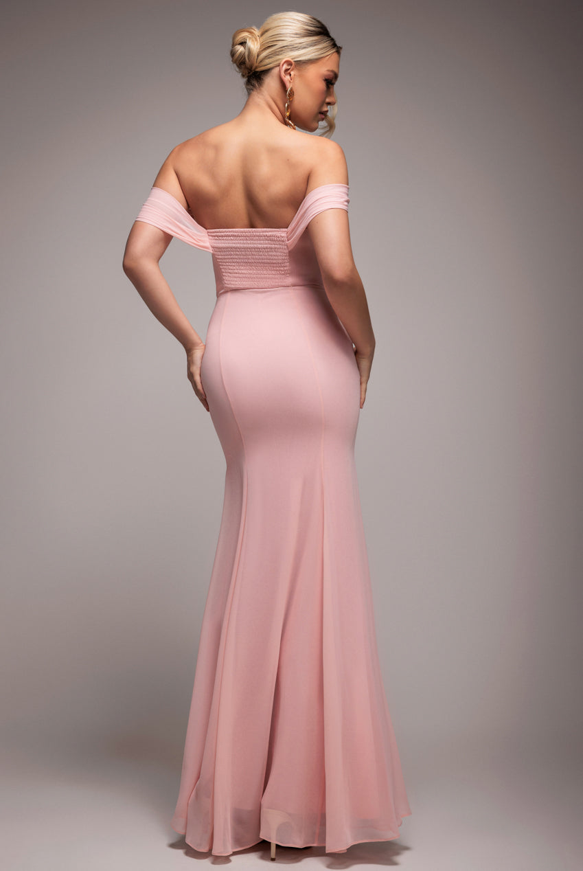 Goddiva Chiffon Bardot Cowl Neck Maxi Dress - Blush Pink