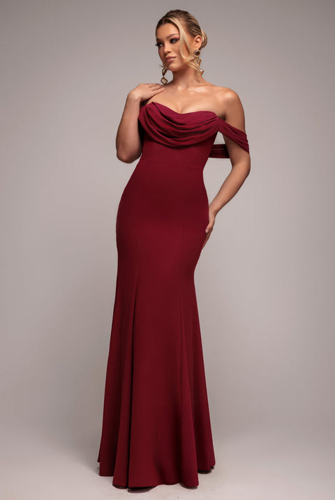 Goddiva Chiffon Bardot Cowl Neck Maxi Dress - Burgundy Red