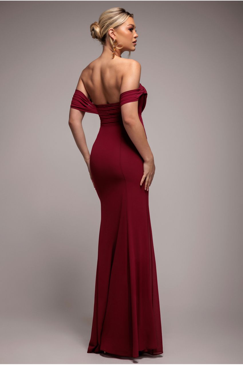 Goddiva Chiffon Bardot Cowl Neck Maxi Dress - Burgundy Red