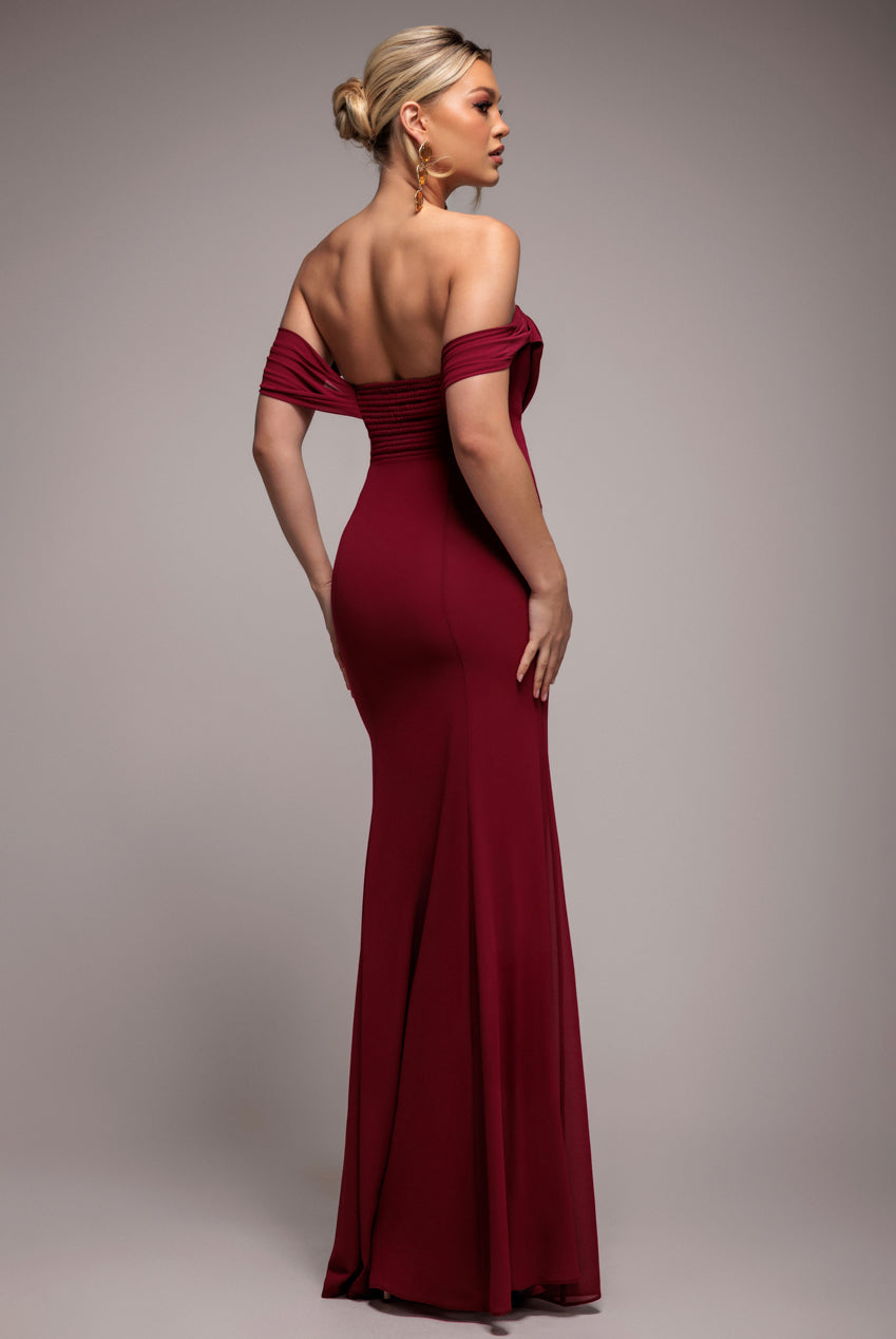 Goddiva Chiffon Bardot Cowl Neck Maxi Dress - Burgundy Red
