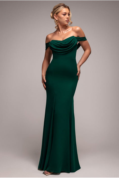 Goddiva Chiffon Bardot Cowl Neck Maxi Dress - Emerald Green