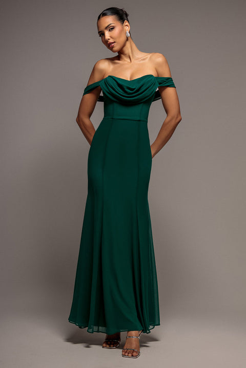 Goddiva Chiffon Bardot Cowl Neck Maxi Dress - Green