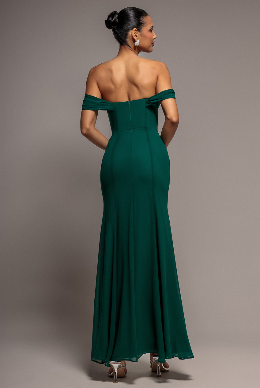 Goddiva Chiffon Bardot Cowl Neck Maxi Dress - Green