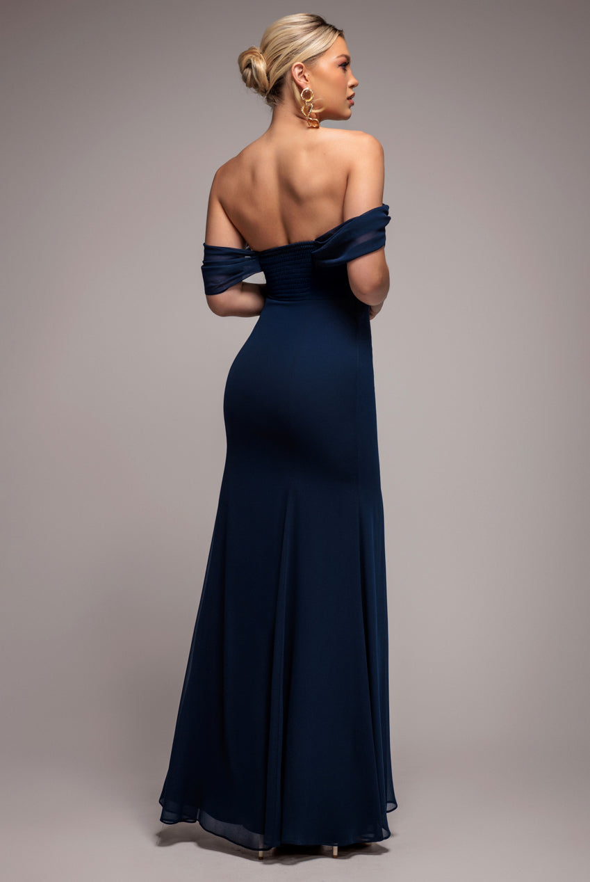 Goddiva Chiffon Bardot Cowl Neck Maxi Dress - Navy