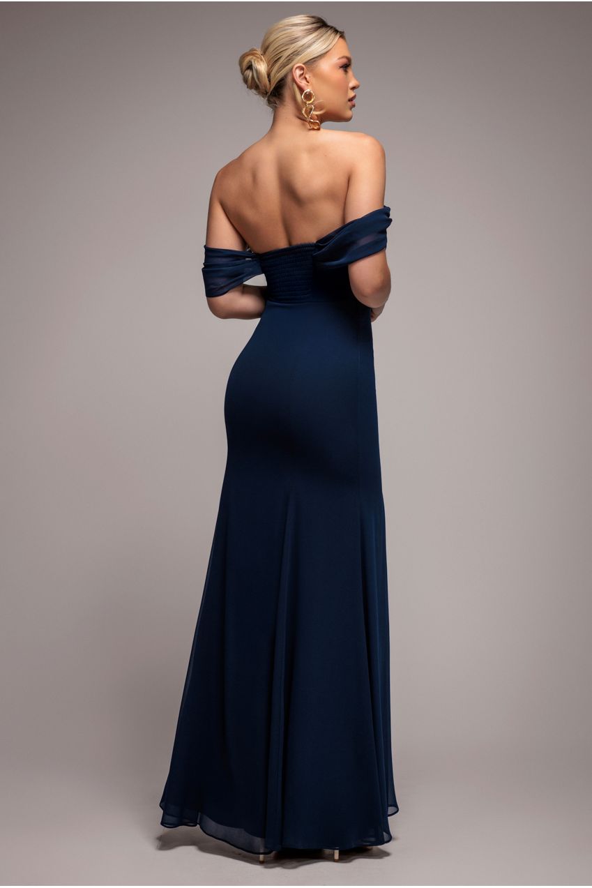 Goddiva Chiffon Bardot Cowl Neck Maxi Dress - Navy