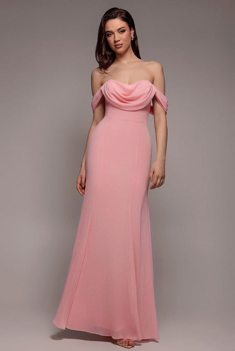 Goddiva Chiffon Bardot Cowl Neck Maxi Dress - Blush