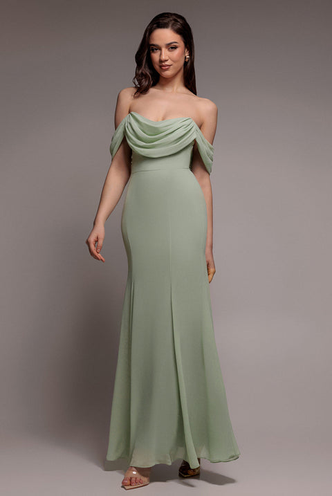 Goddiva Chiffon Bardot Cowl Neck Maxi Dress - Sage Green