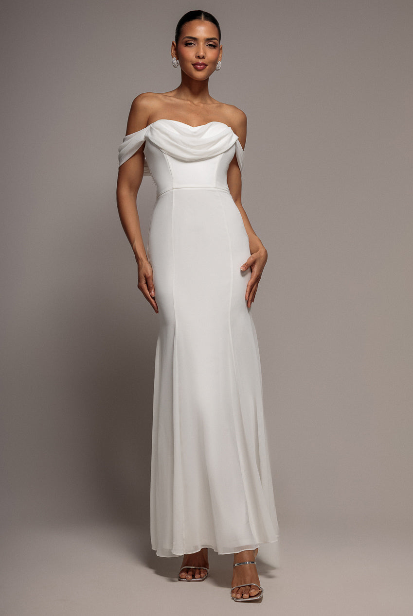 Goddiva Chiffon Bardot Cowl Neck Maxi Dress - White