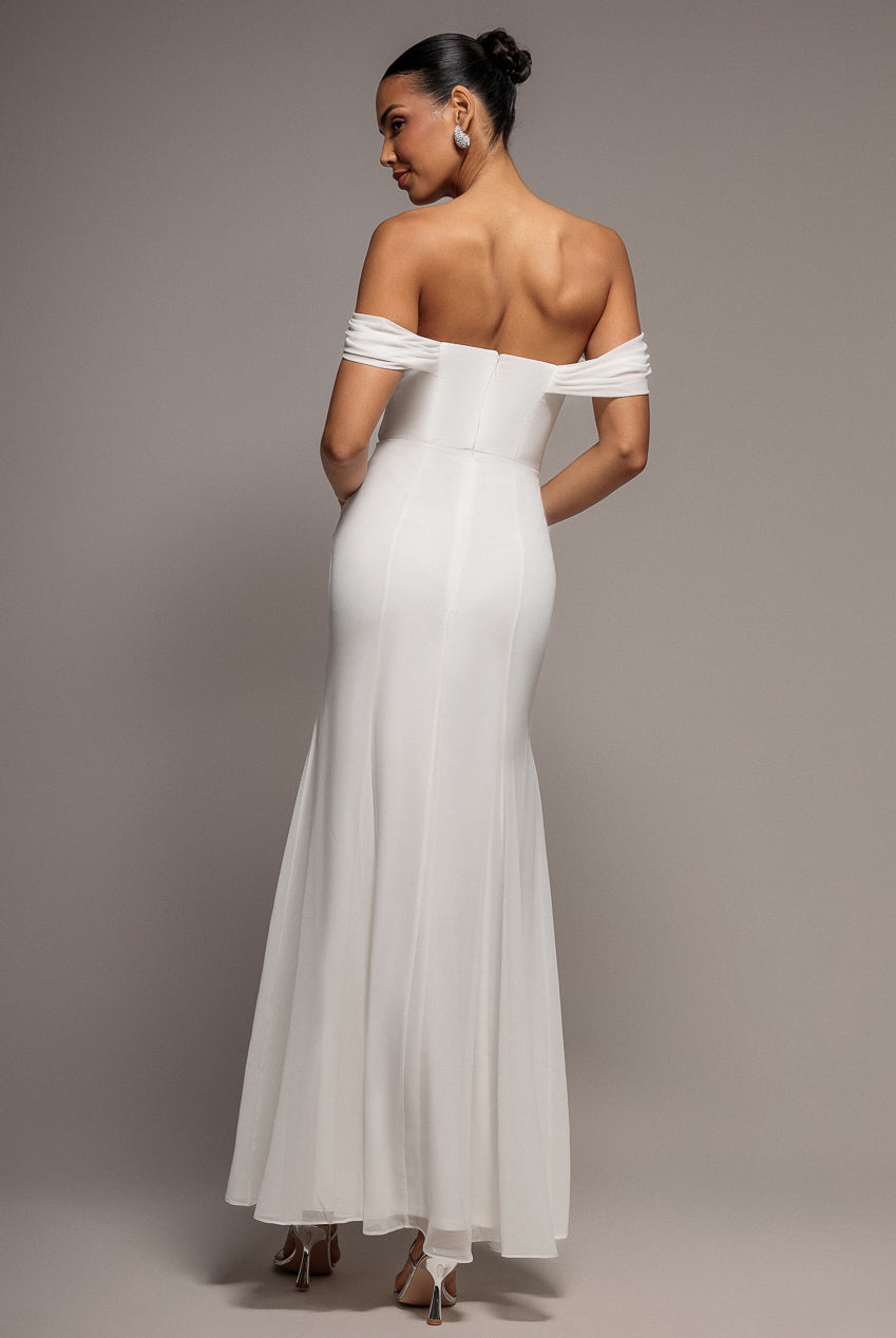 Goddiva Chiffon Bardot Cowl Neck Maxi Dress - White