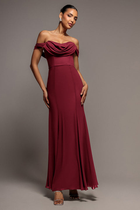 Goddiva Chiffon Bardot Cowl Neck Maxi Dress - Wine
