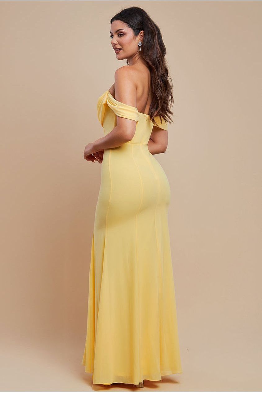 Goddiva Chiffon Bardot Cowl Neck Maxi Dress - Lemon