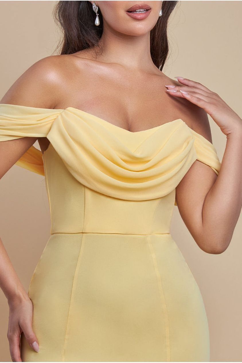 Goddiva Chiffon Bardot Cowl Neck Maxi Dress - Lemon