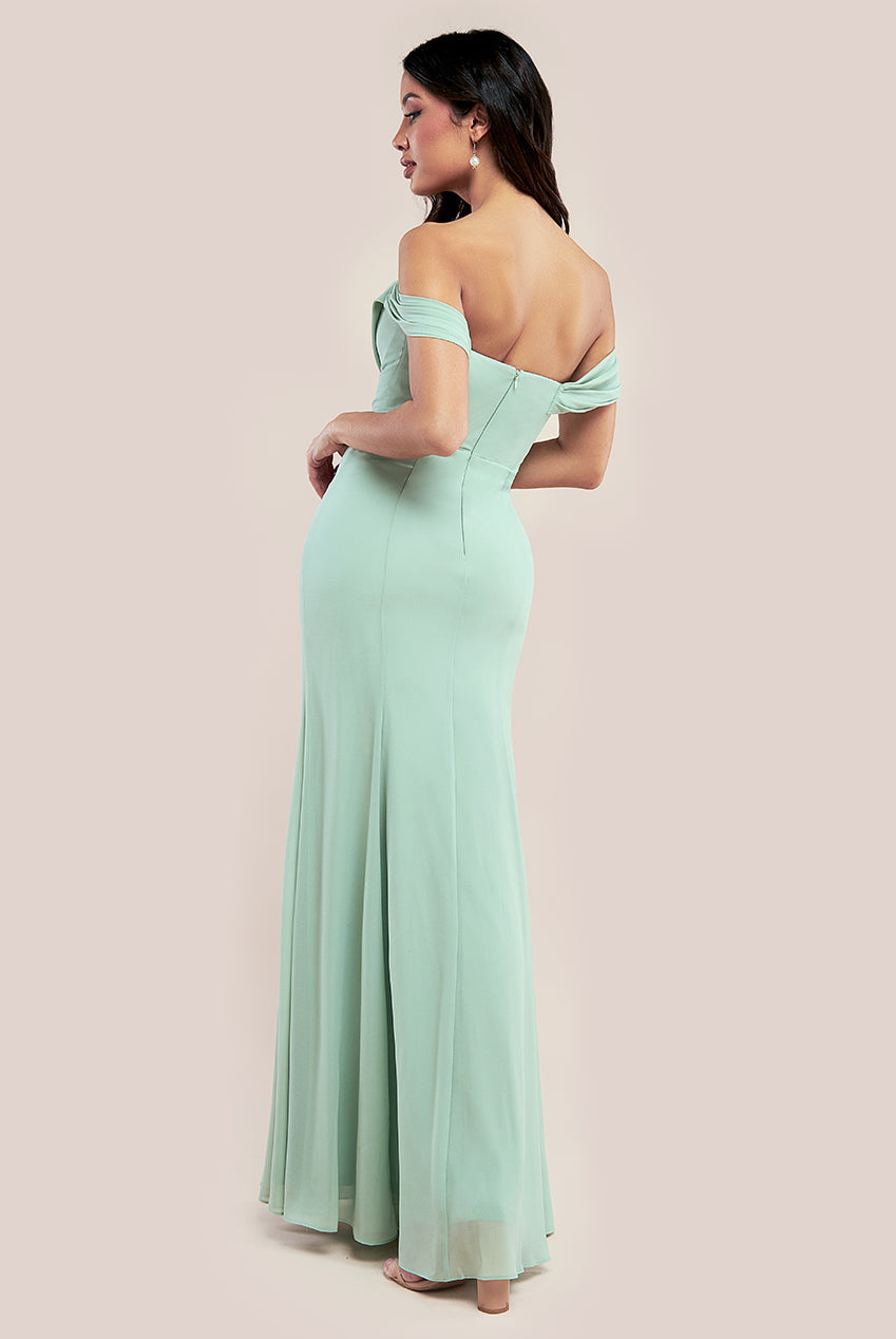 Goddiva Chiffon Bardot Cowl Neck Maxi Dress - Sage Green