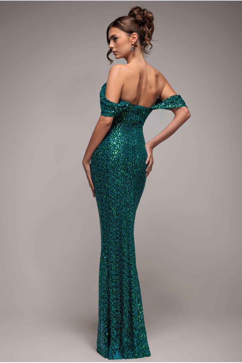 Goddiva Off The Shoulder Sequin Wing Maxi - Emerald Green