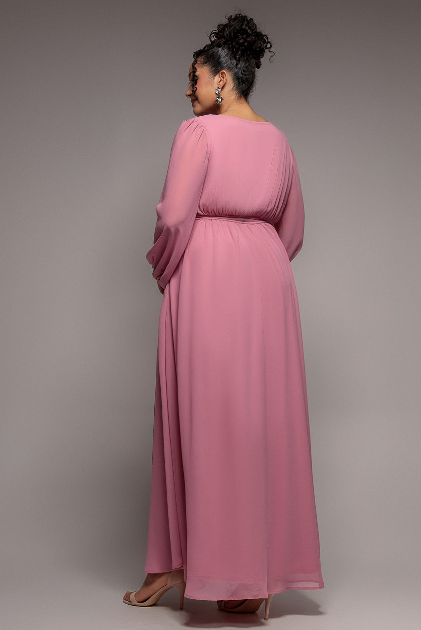 Goddiva Plus Wrap Back With Front Slit Chiffon Maxi Dress - Dusty Pink
