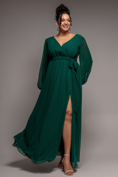 Goddiva Plus Wrap Back With Front Slit Chiffon Maxi Dress - Emerald Green