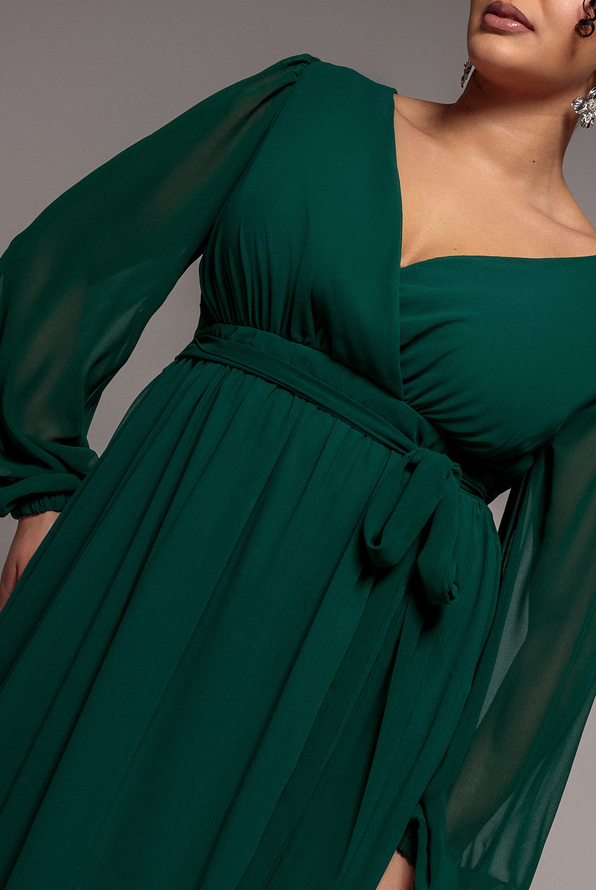 Goddiva Plus Wrap Back With Front Slit Chiffon Maxi Dress - Emerald Green