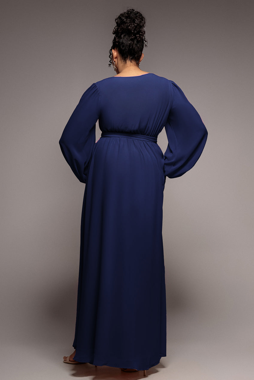 Goddiva Plus Wrap Back With Front Slit Chiffon Maxi Dress - Navy Blue
