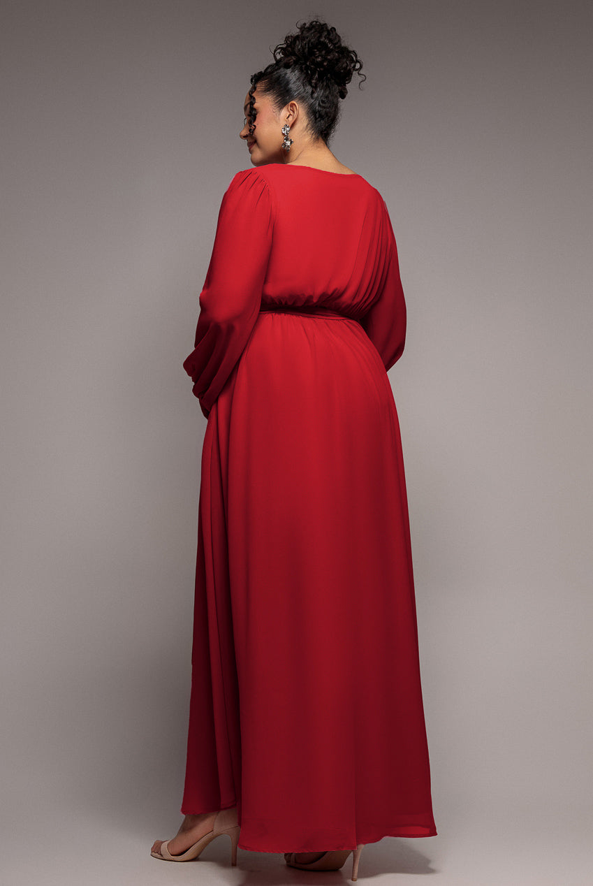 Goddiva Plus Wrap Back With Front Slit Chiffon Maxi Dress - Red