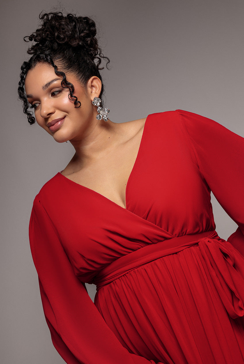 Goddiva Plus Wrap Back With Front Slit Chiffon Maxi Dress - Red