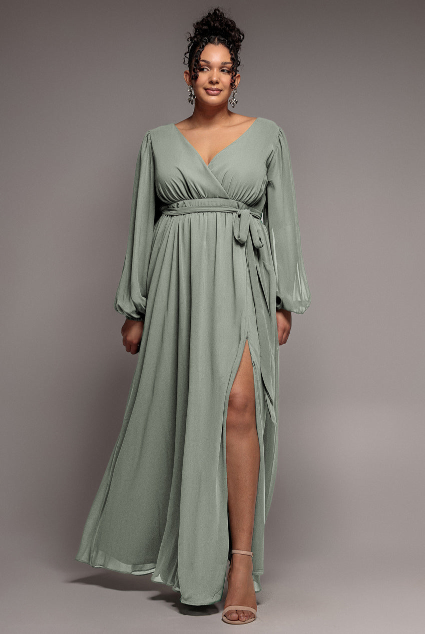 Goddiva Plus Wrap Back With Front Slit Chiffon Maxi Dress - Sage Green