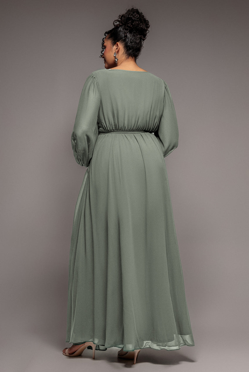 Goddiva Plus Wrap Back With Front Slit Chiffon Maxi Dress - Sage Green