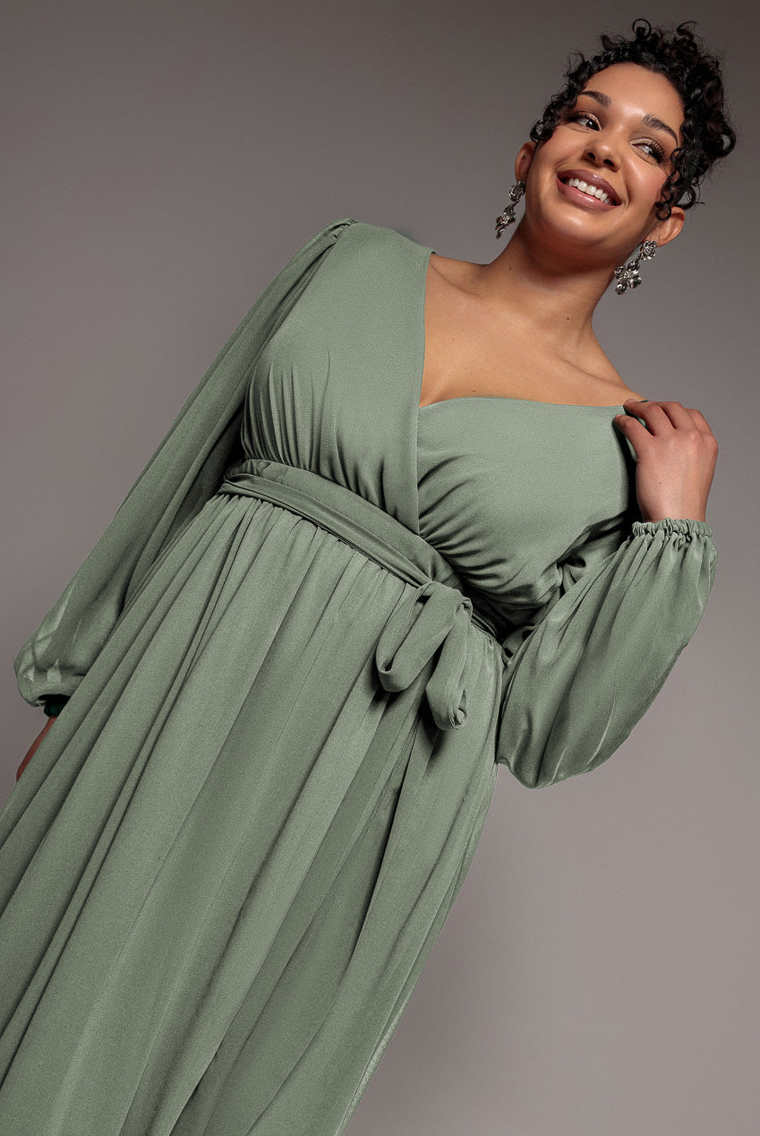 Goddiva Plus Wrap Back With Front Slit Chiffon Maxi Dress - Sage Green
