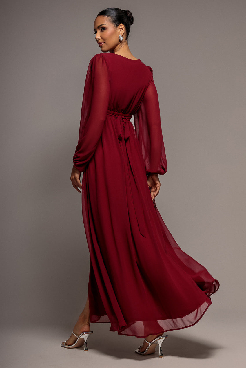 Goddiva Wrap Back With Front Slit Chiffon Maxi Dress - Berry
