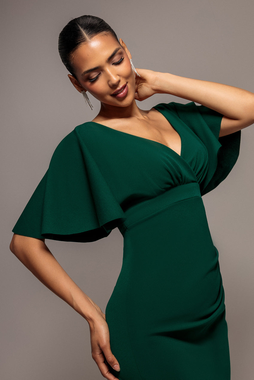 Goddiva Flutter Sleeve Wrap Midi Dress - Emerald Green