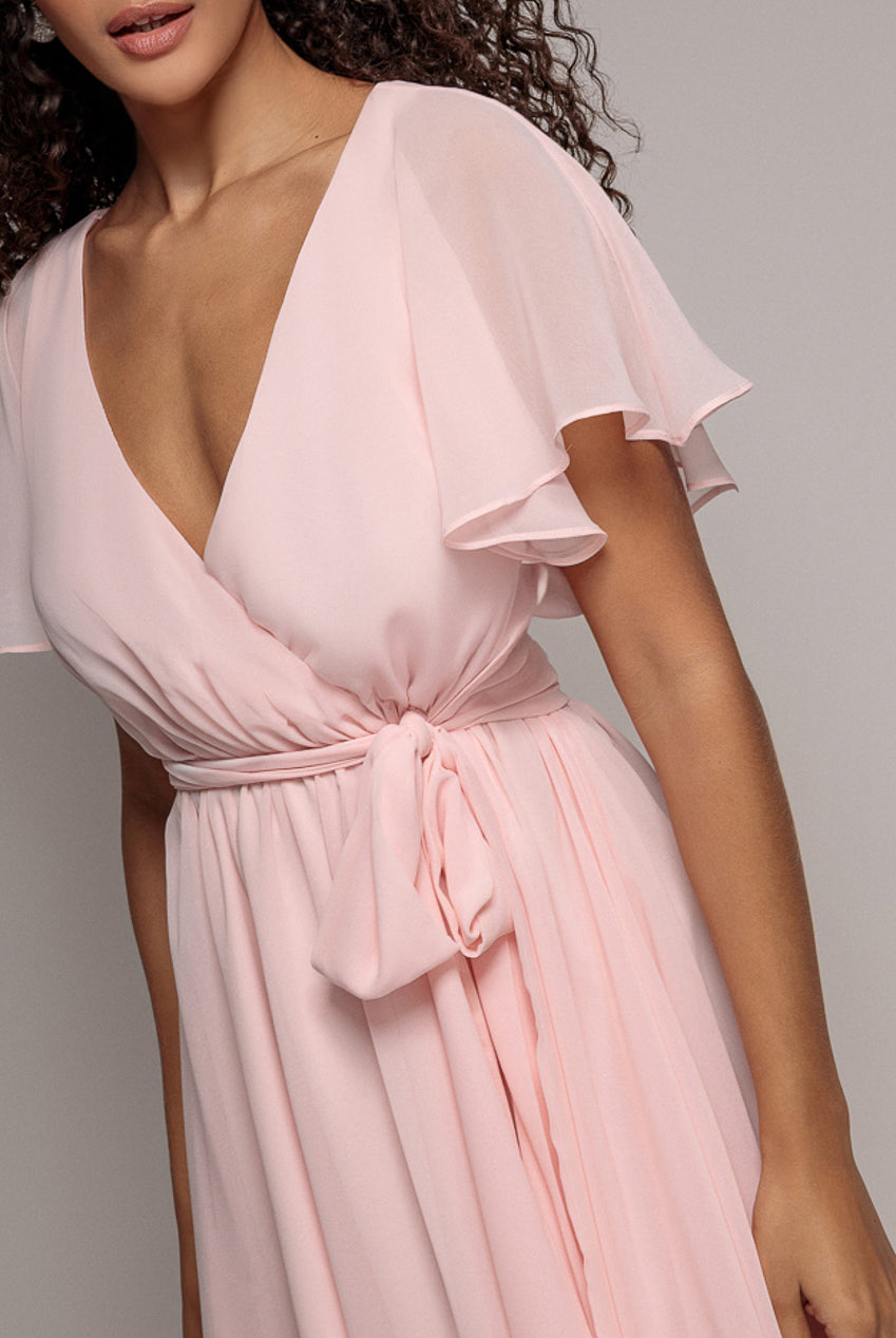 Goddiva Flutter Sleeve Wrap Mini Dress With Elasticated Waist - Soft Pink