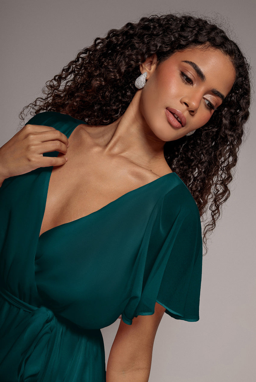 Goddiva Flutter Sleeve Wrap Mini Dress With Elasticated Waist - Green