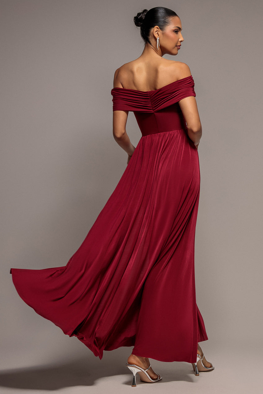 Goddiva Gathered Bardot Bodice Maxi With Slit - Berry