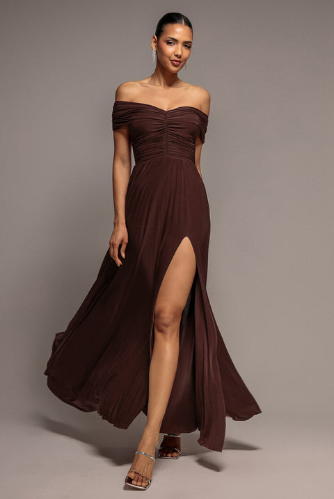 Goddiva Gathered Bardot Maxi Dress With Front Split - Dark Brown