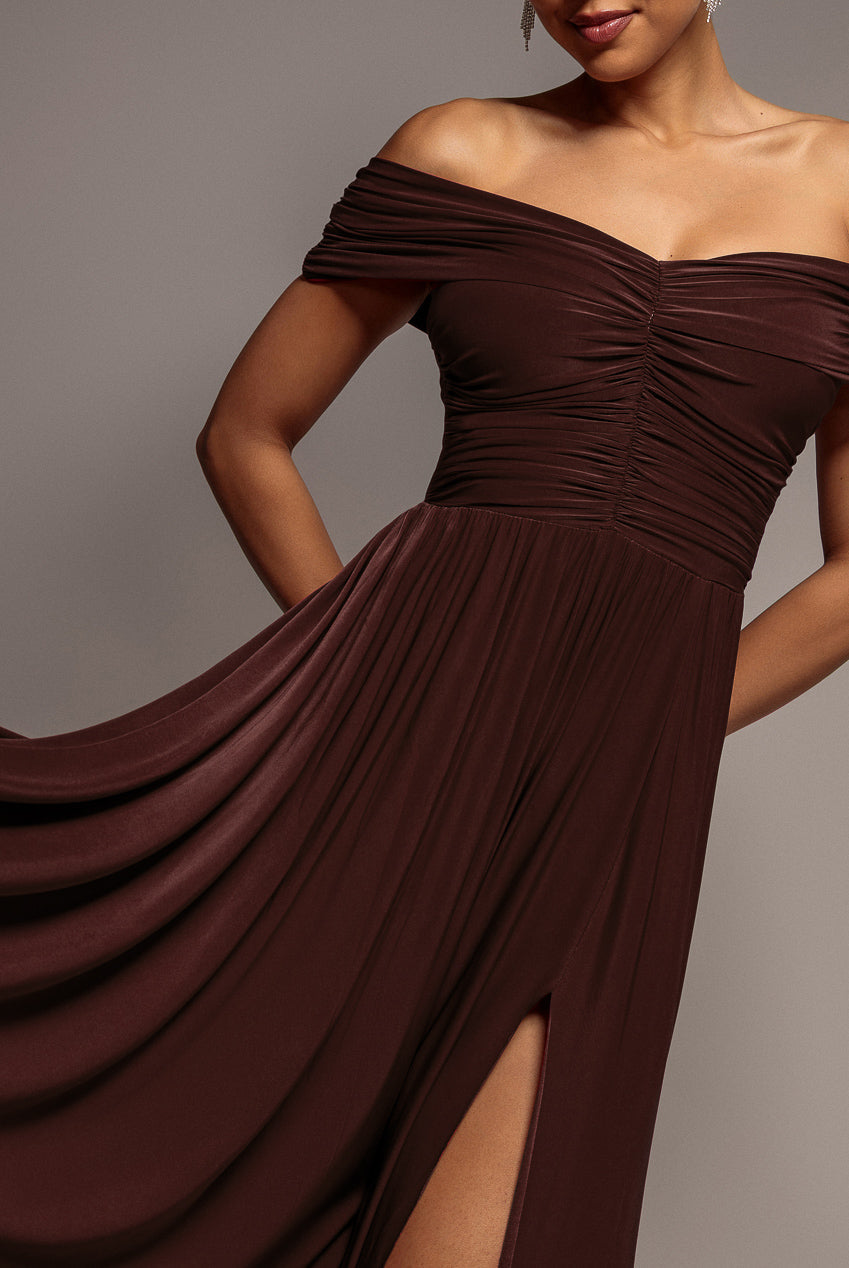 Goddiva Gathered Bardot Maxi Dress With Front Split - Dark Brown