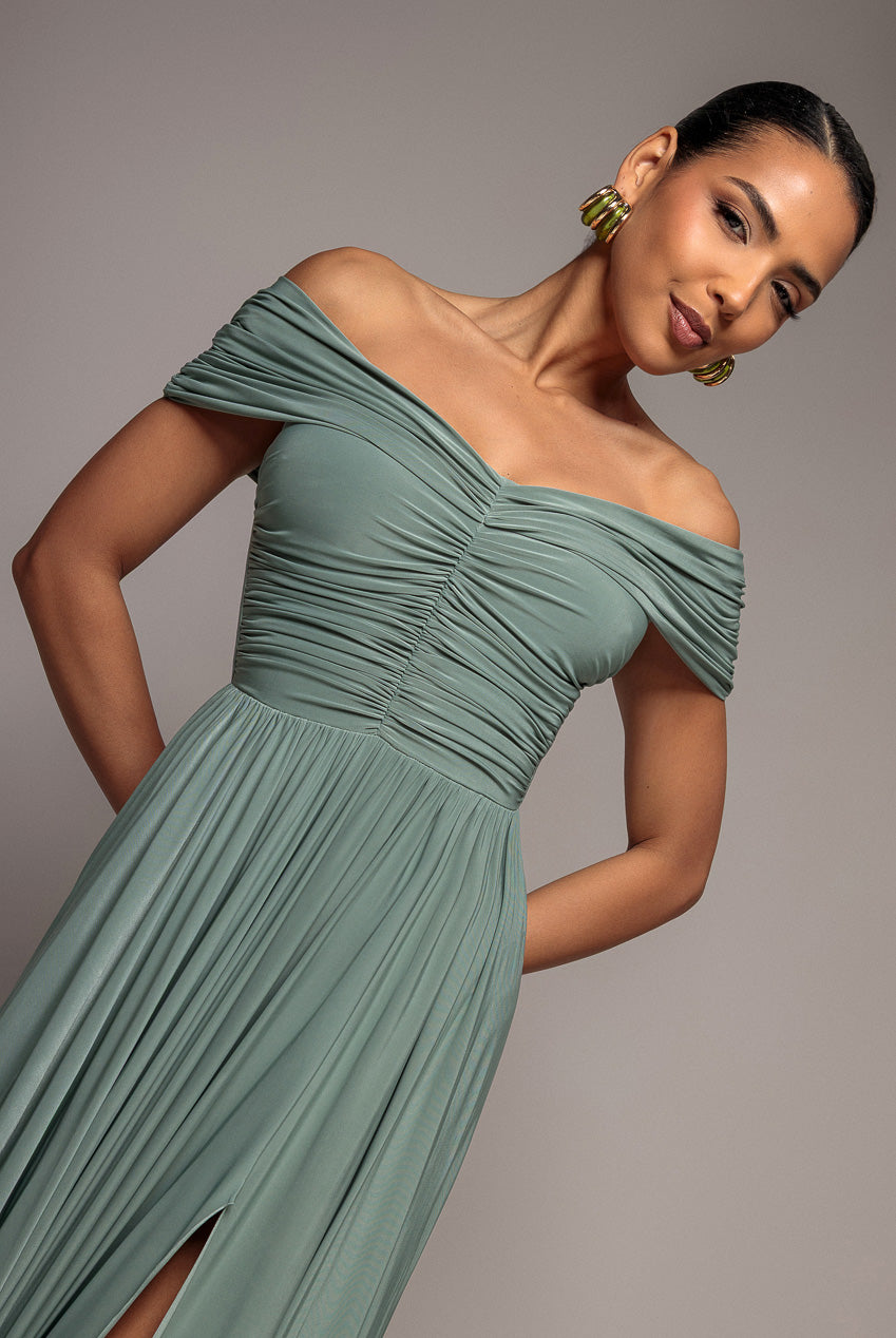 Goddiva Gathered Bardot Maxi Dress With Front Split - Dark Sage