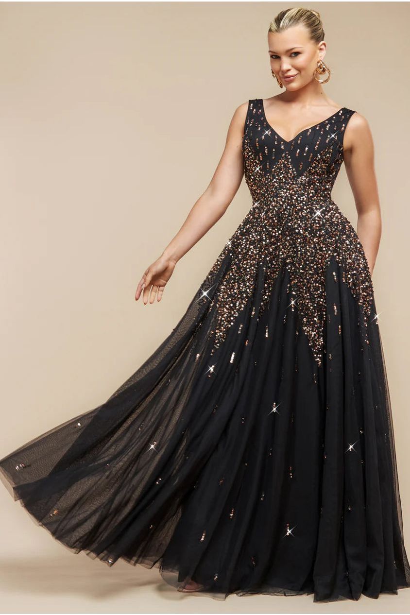 Sunray Hand Embellished Sequin A-Line Sleeveless Maxi Dress - Black | Goddiva US Sunray Hand Embellished Sequin A-Line Sleeveless Maxi Dress - Black | Goddiva US
