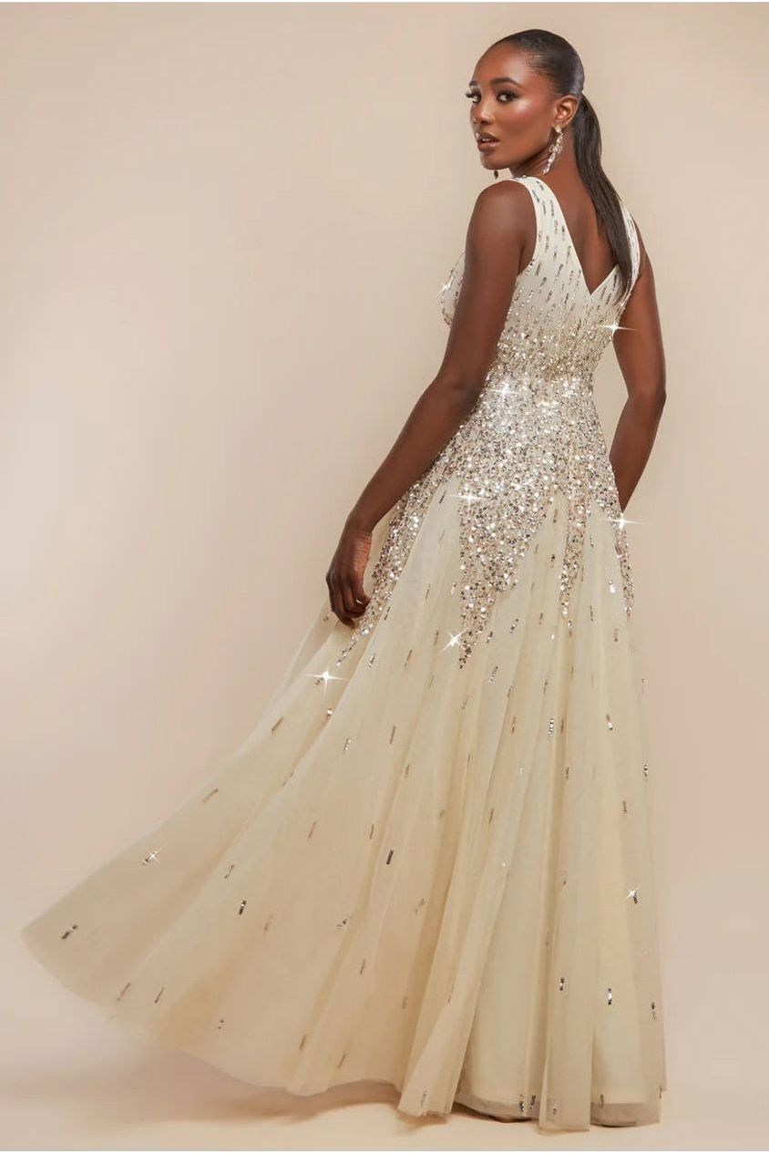 Goddiva Sunray Hand Embellished Sequin A-Line Sleeveless Maxi Dress - Ivory