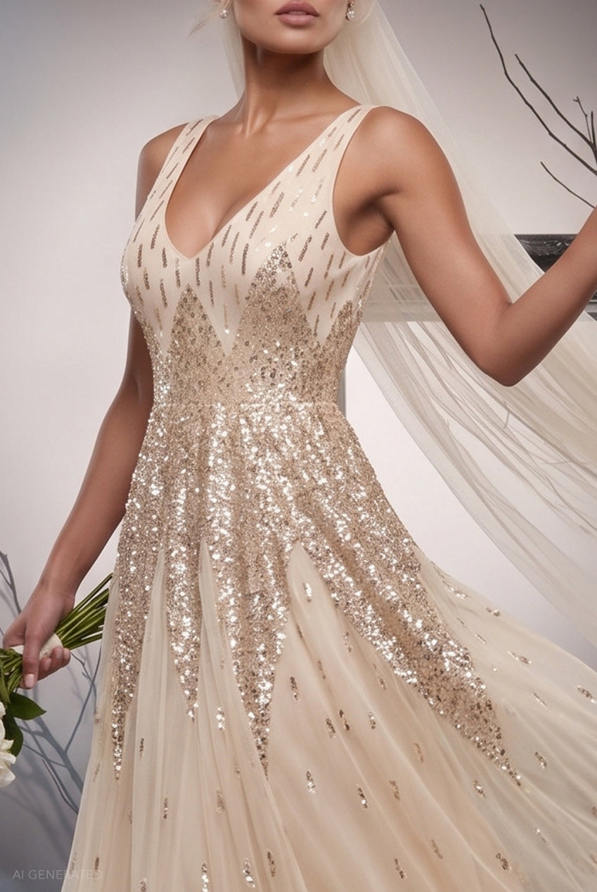 Goddiva Sequin A-line Maxi Dress Jilted Bride Halloween Costume - Ivory