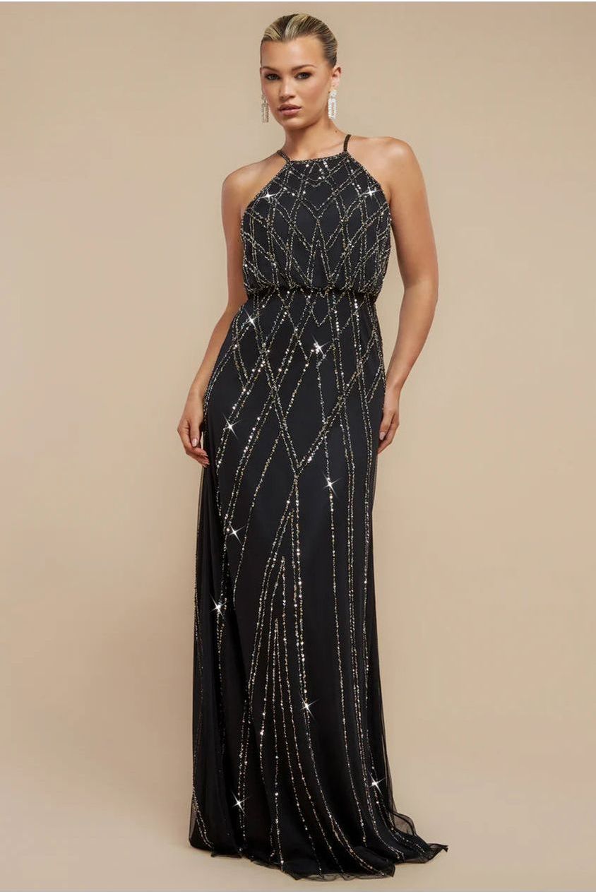 Goddiva Racer Neck Sleeveless Hand Embellished Sequin Maxi Dress - Black