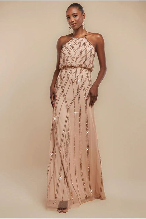 Goddiva Racer Neck Sleeveless Hand Embellished Sequin Maxi Dress - Champagne