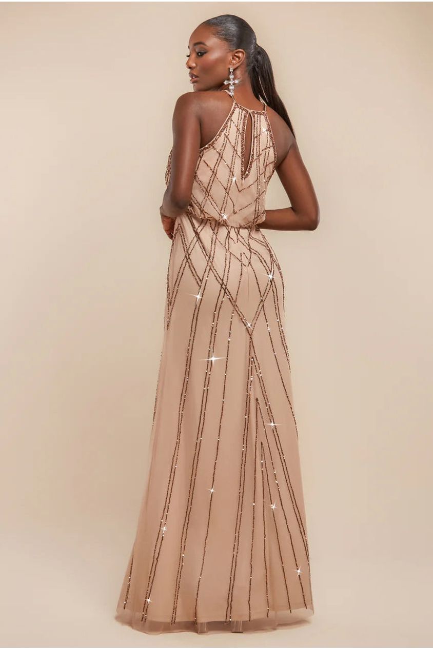 Goddiva Racer Neck Sleeveless Hand Embellished Sequin Maxi Dress - Champagne