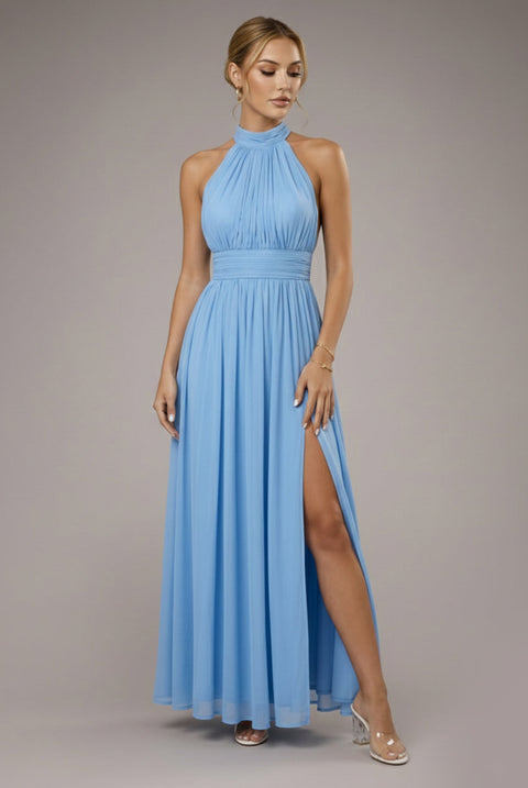 Goddiva Halter Neck Mesh Tie Maxi Dress - Dusty Blue