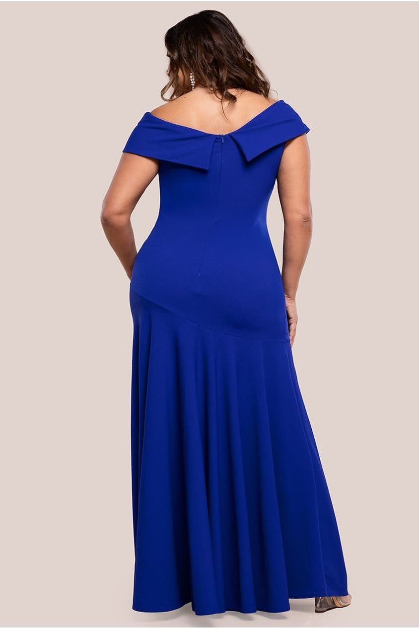 Goddiva Plus Scuba Crepe Off Shoulder Front Split Maxi Dress - Royal Blue
